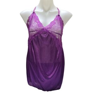 * nightgown purple v neck floral bust silky criss cross strap low back stretch